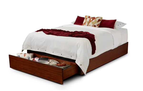 Quad Queen size storage bed in Medium Mahogany with drawer