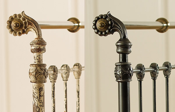 Iron and brass bed detail in available finishes