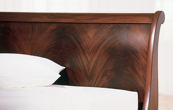 Chambord sleigh bed flame mahogany headboard detail