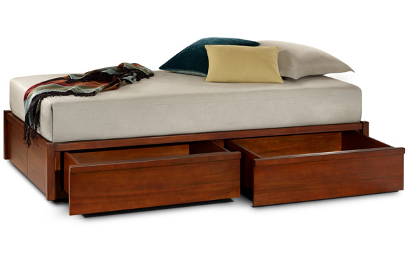 Mahogany storage daybed base with drawers open
