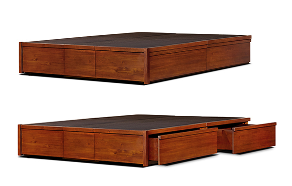 Mahogany storage bed drawer open and closed view