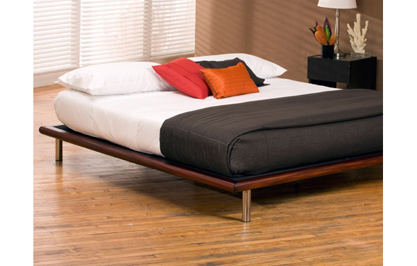 Mies king platform bed – tiger mahogany and stainless steel
