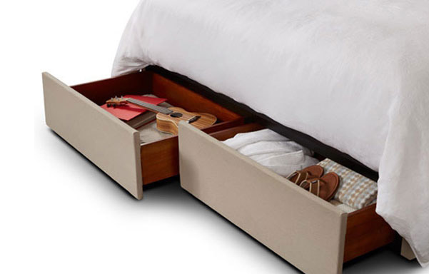 Heavy duty upholstered storage drawer detail (2 dwrs king, 1 dwr queen).