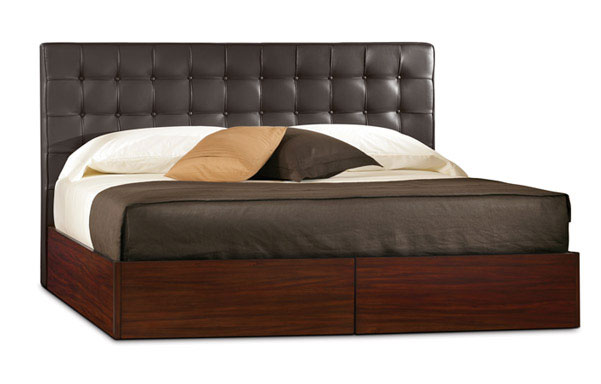 Newhouse king bed in tumbled black leather with with mahogany base